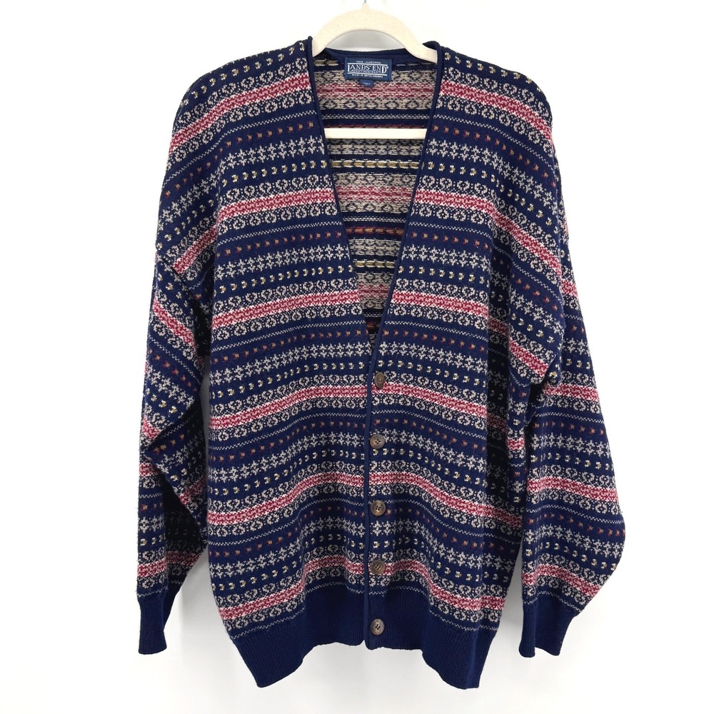 Lands End Cardigan Mens L Blue Lambswool Fair Isle Vintage Grandpacore Nordic